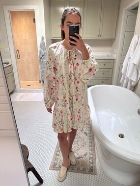 H&M Cream Floral Ruffle Hem Long Sleeve Dress